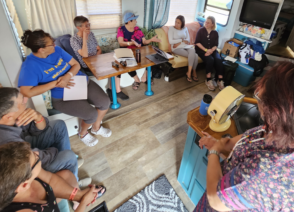 Métis cancer survivors in northern Saskatchewan creating their stories as part of digital storytelling and training during Back to Batoche Days.